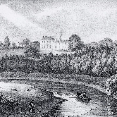Front image in black and white of what Preston Hall would have looked like in 1825.