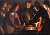 5 people around a table by candle light, playing a game with a dice