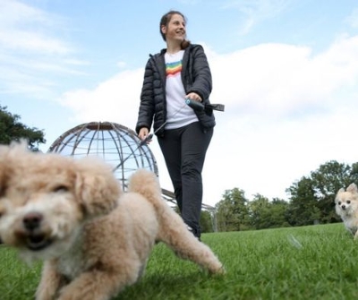 Owner walking their dog in the park on a lead with a little dog behind them. 