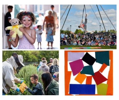 A girl holding a teddy bear, circus skills and a beekeeper showing inside a hive to a family. 
