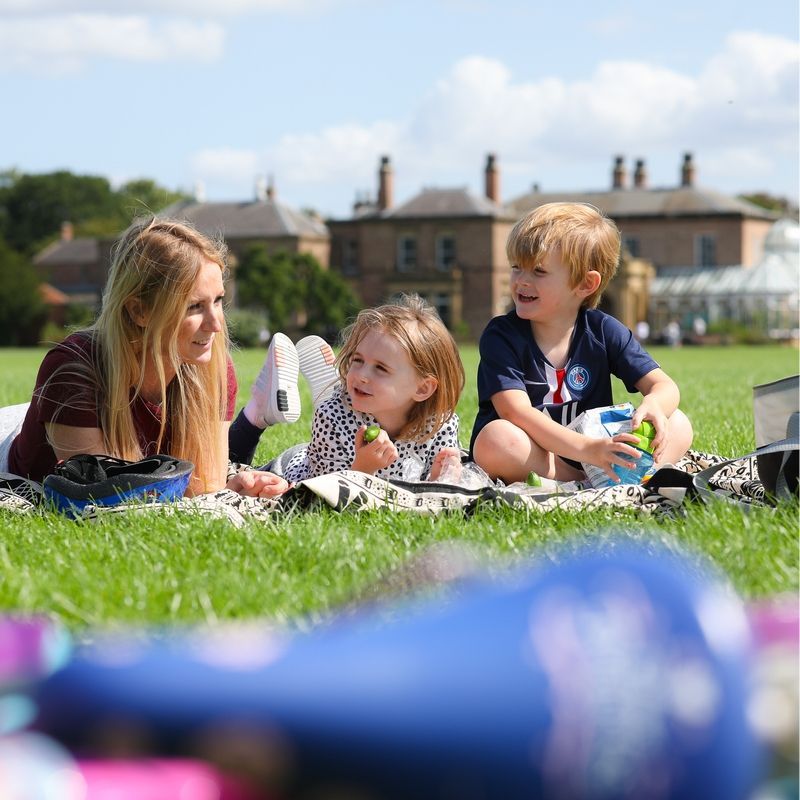 Family Enjoying A Picnic On The Grass In Front Of The Hall