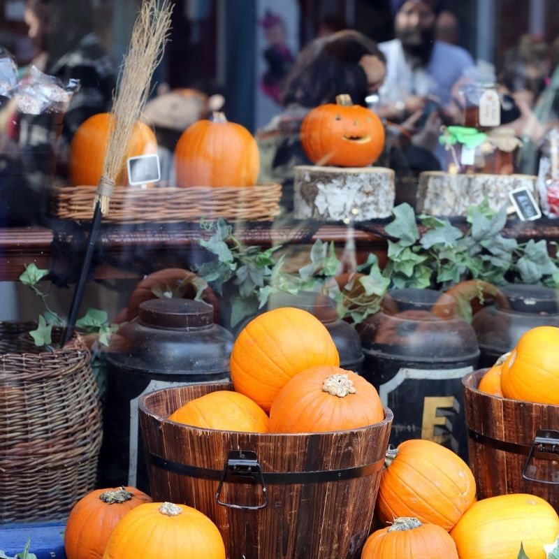 Autumn Display Of Pumpkins Outside The Grocers