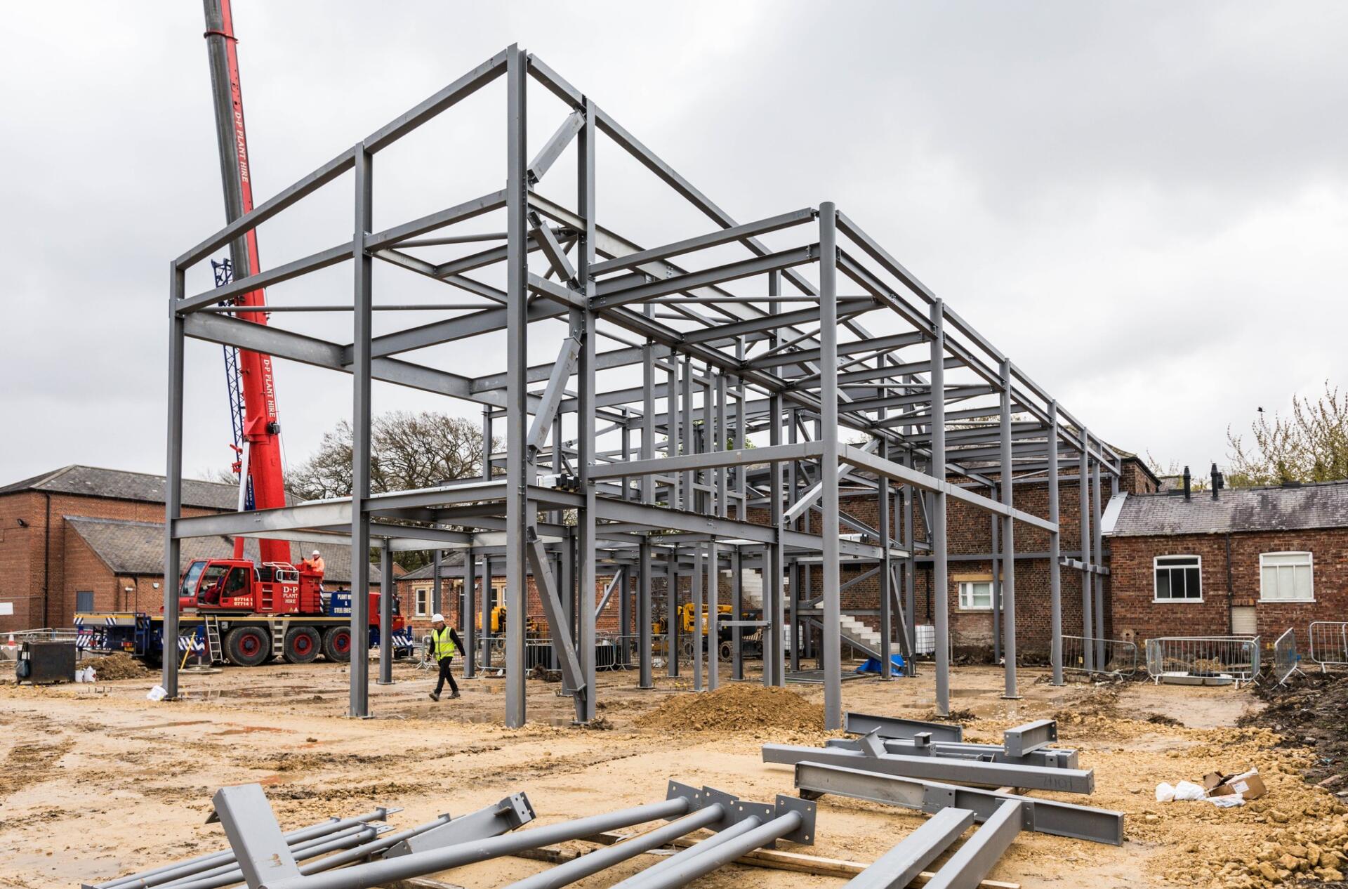 The steel frame structure of the new museum extension has been erected